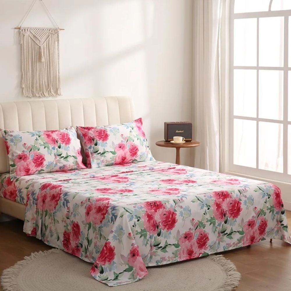 🆕️ Watercolor Roses design, 4pcs, KING Bedding Sheet, microfiber, Deep Pockets